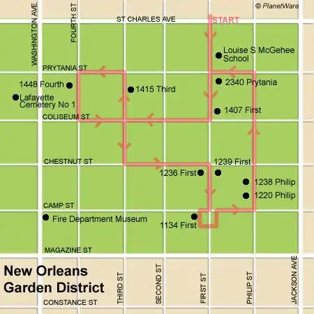 Free Garden District walking tour map for New Orleans.