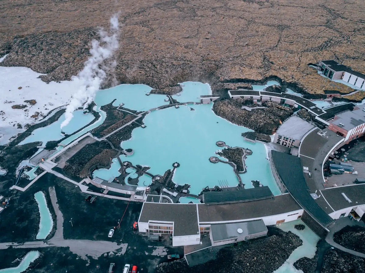 Drone shot of the Blue Lagoon Reykjavik in Iceland in summer. Click here for a full itinerary of Iceland's Ring Road for the perfect Iceland summer road trip.