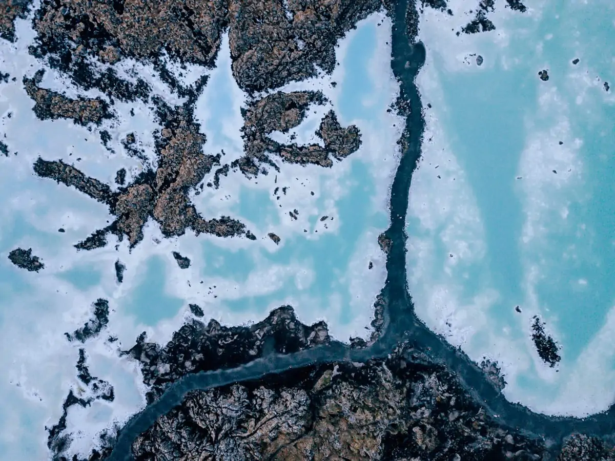 Drone shot of the free section of Blue Lagoon Reykjavik in Iceland. Get all the best Iceland travel tips in this guide to 6 days in Iceland.