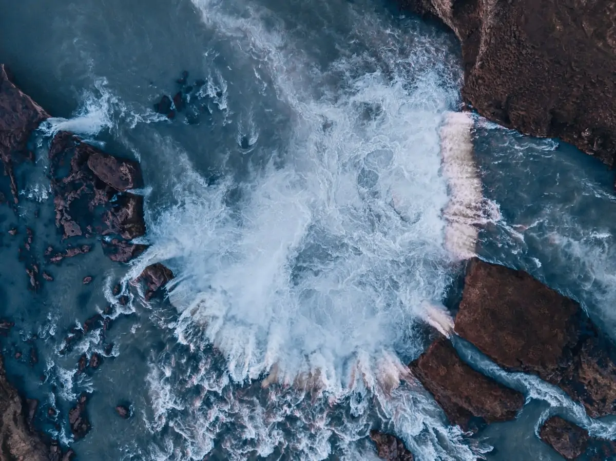Drone view of Godafoss in Iceland in summer from above. Click here for the ultimate Ring Road road trip itinerary for Iceland in summer.