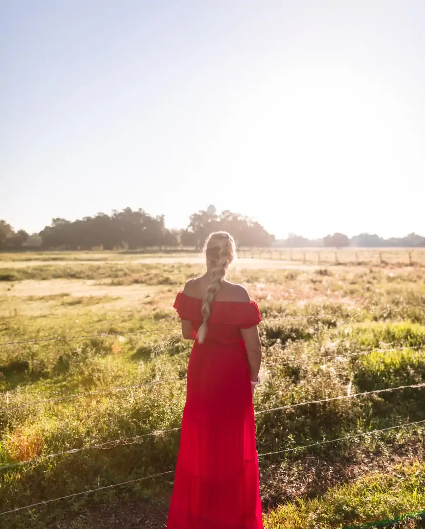 Woman standing in front of horse pasture in western inspired outfit with pull through braid and red off the shoulder dress.