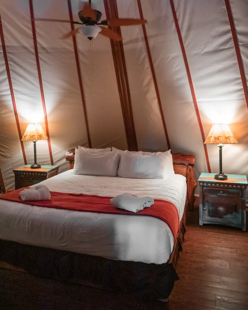 The bedroom in the Westgate River Ranch teepees