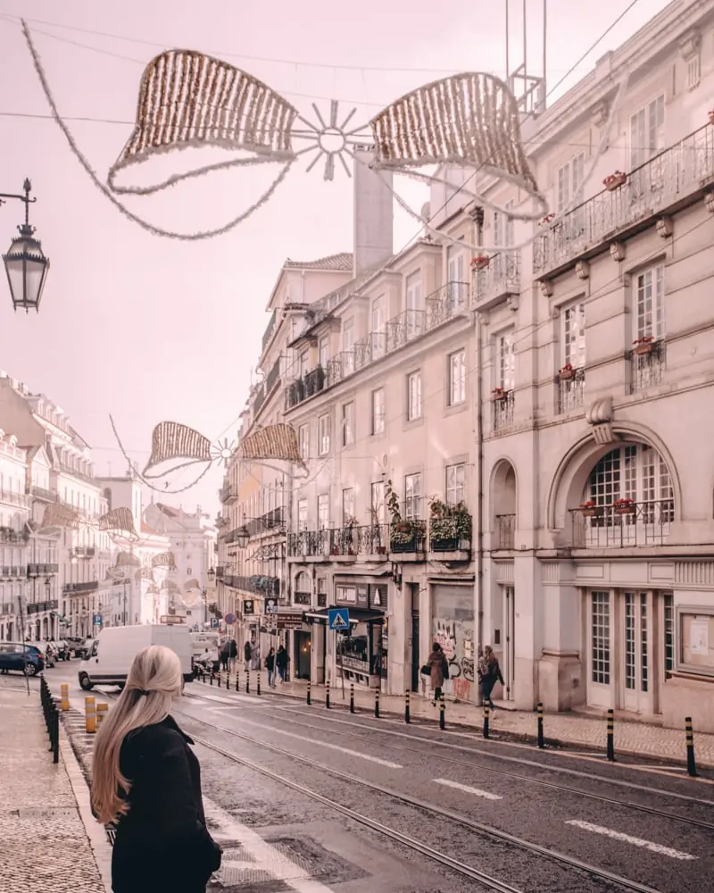 Christmas decorations in Lisbon, Portugal in Bairro Alto. Find the best places for Instagram photos in Lisbon, Portugal here with a free map!