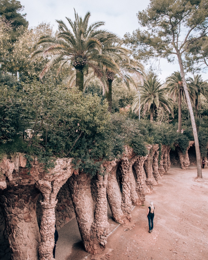 The Instafamous curved walkway from above in Park Guell in Barcelona. Click here for Barcelona's most Instagrammable spots and a full 3 day Barcelona itinerary.