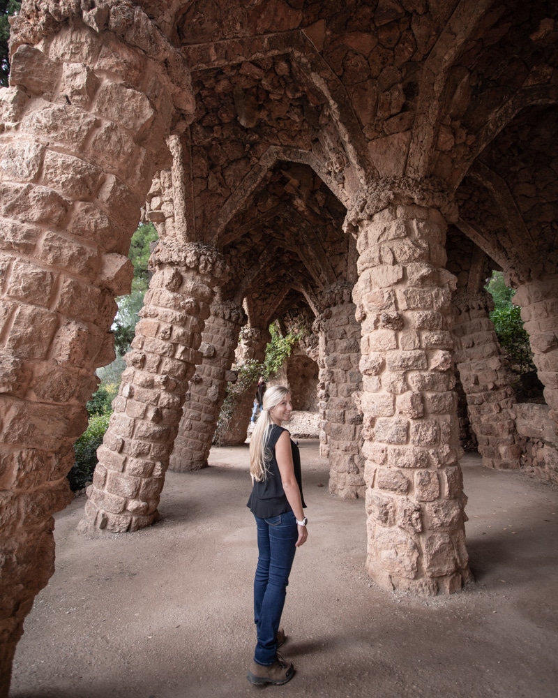 The free part of Park Guell includes this area near the Casa Museu Gaudi. Find more Barcelona travel tips in our 3 day itinerary here.