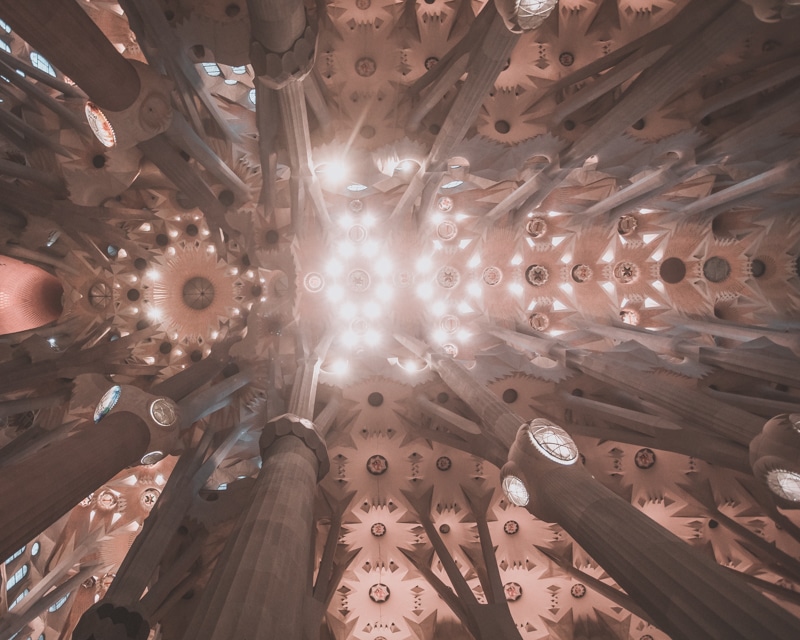 The ceiling inside Sagrada Familia is an impressive sight to see. Click here for all the best things to do in Barcelona in 3 days.