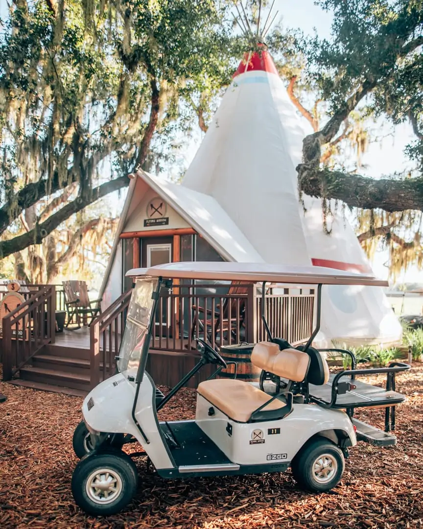 Glamping teepee and golf cart at Westgate River Ranch on a sponsored hotel stay