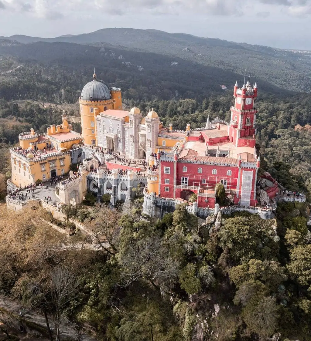 Drone shot from Pena Palace in Sintra, Portugal on a Sintra day trip