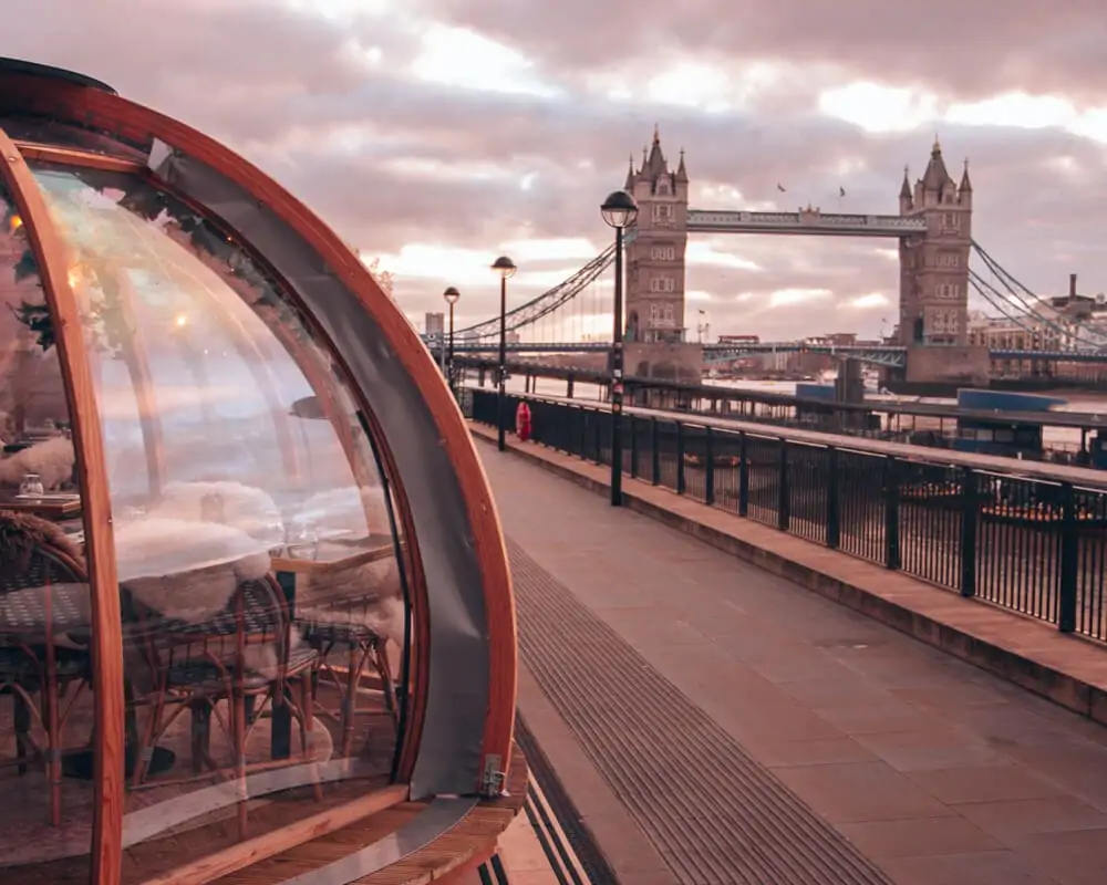 Coppa Club's igloos overlooking Tower Bridge are one of the best places to eat in London. Get a full 3 day London itinerary including the most Instagrammable places in London here.