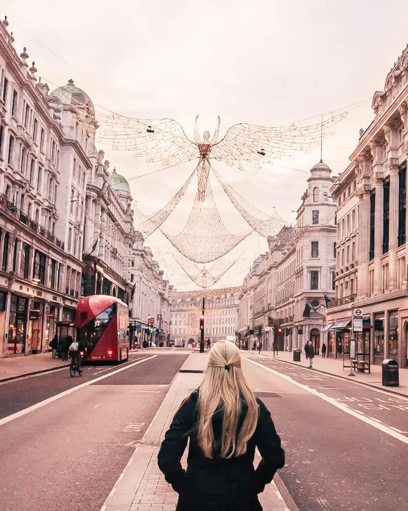 The angel Christmas lights on Regent Street at Christmas in London. Get all the best London travel tips in this 3 day London itinerary including all the most Instgrammable places in London.