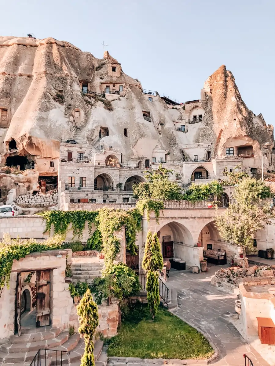 Looking out over Cappadocia Cave Suites and nearby cave hotels in Goreme, Turkey