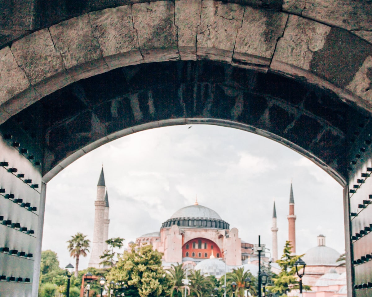 The view of the Hagia Sophia from inside the Blue Mosque in Istanbul.