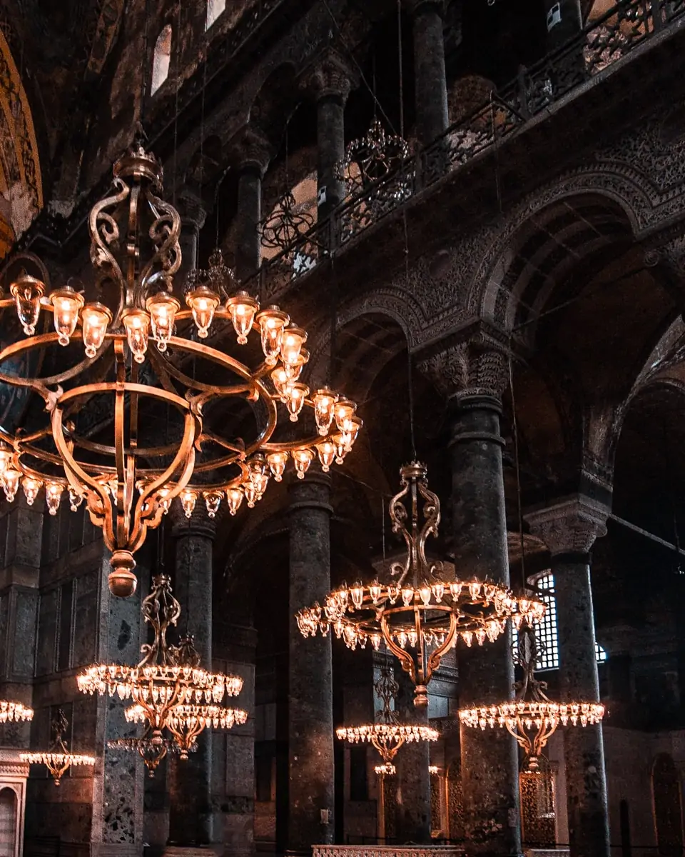 The chandeliers inside of the Hagia Sophia in Istanbul. 