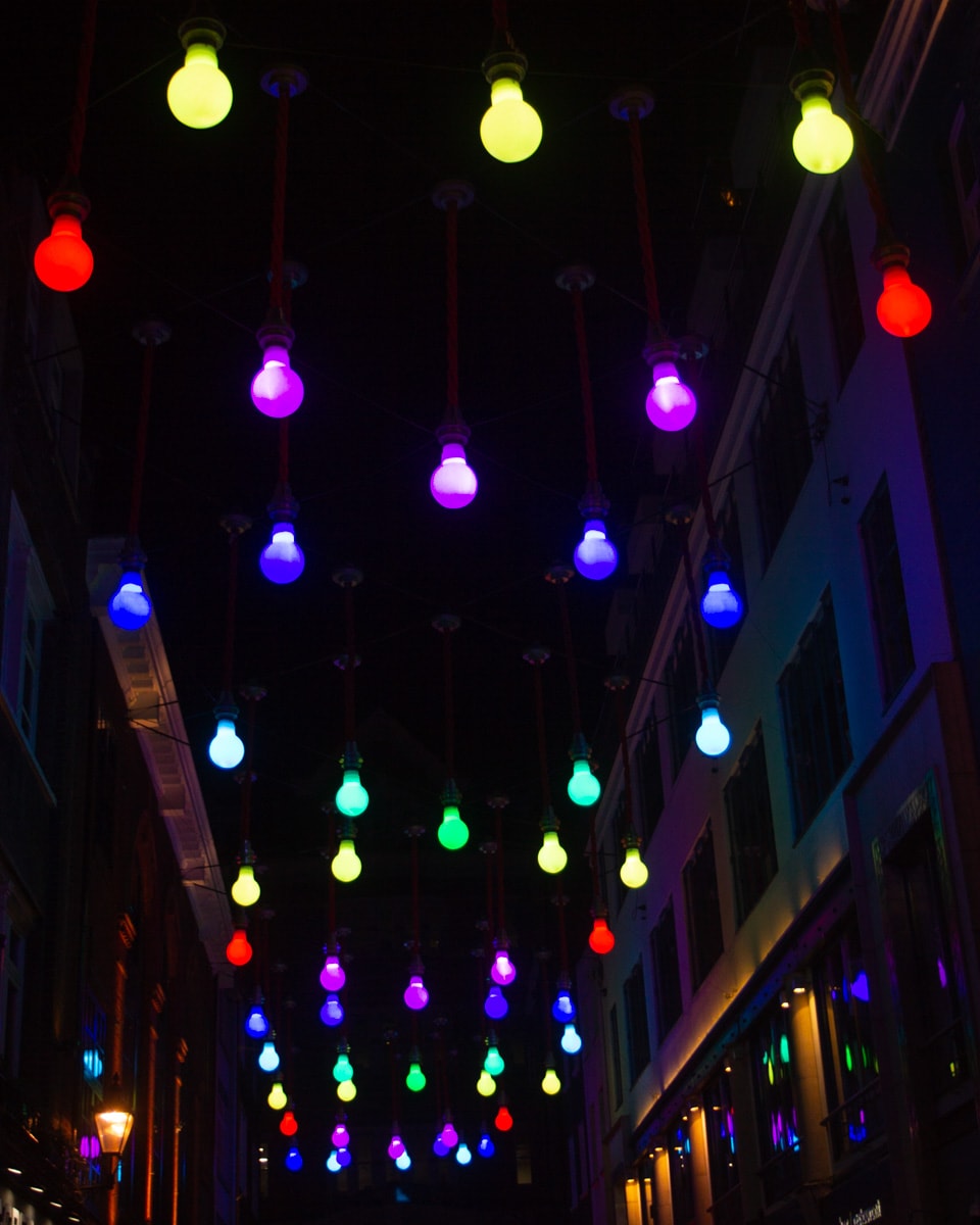 Light bulb art installation in Carnaby