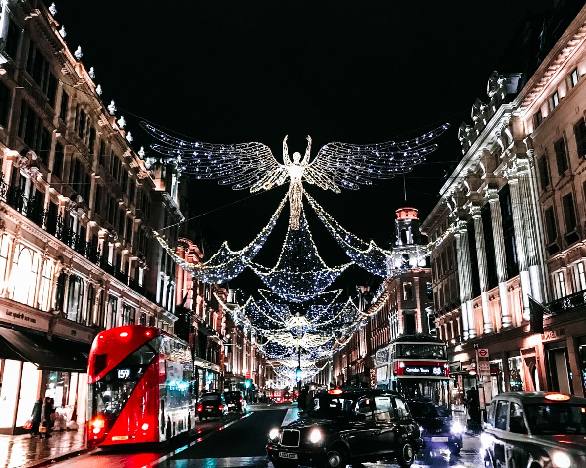 Regent Street London Christmas Lights. Click here for a guide to all the best Christmas lights in London for a perfect Christmas in London including a free map! If you plan to spend Christmas in London, you don't want to miss the best things to do in London at Christmas. | London Christmas | London at Christmas time | London in winter | winter in London | best London Christmas lights | things to do in London in winter | things to do in london christmas | what to do in london at christmas