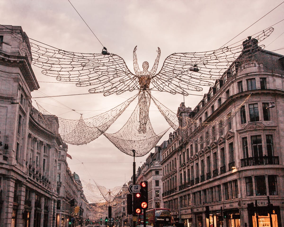 Regent Street Spirit of Christmas angels spanning the street, one of the best Christmas lights in London