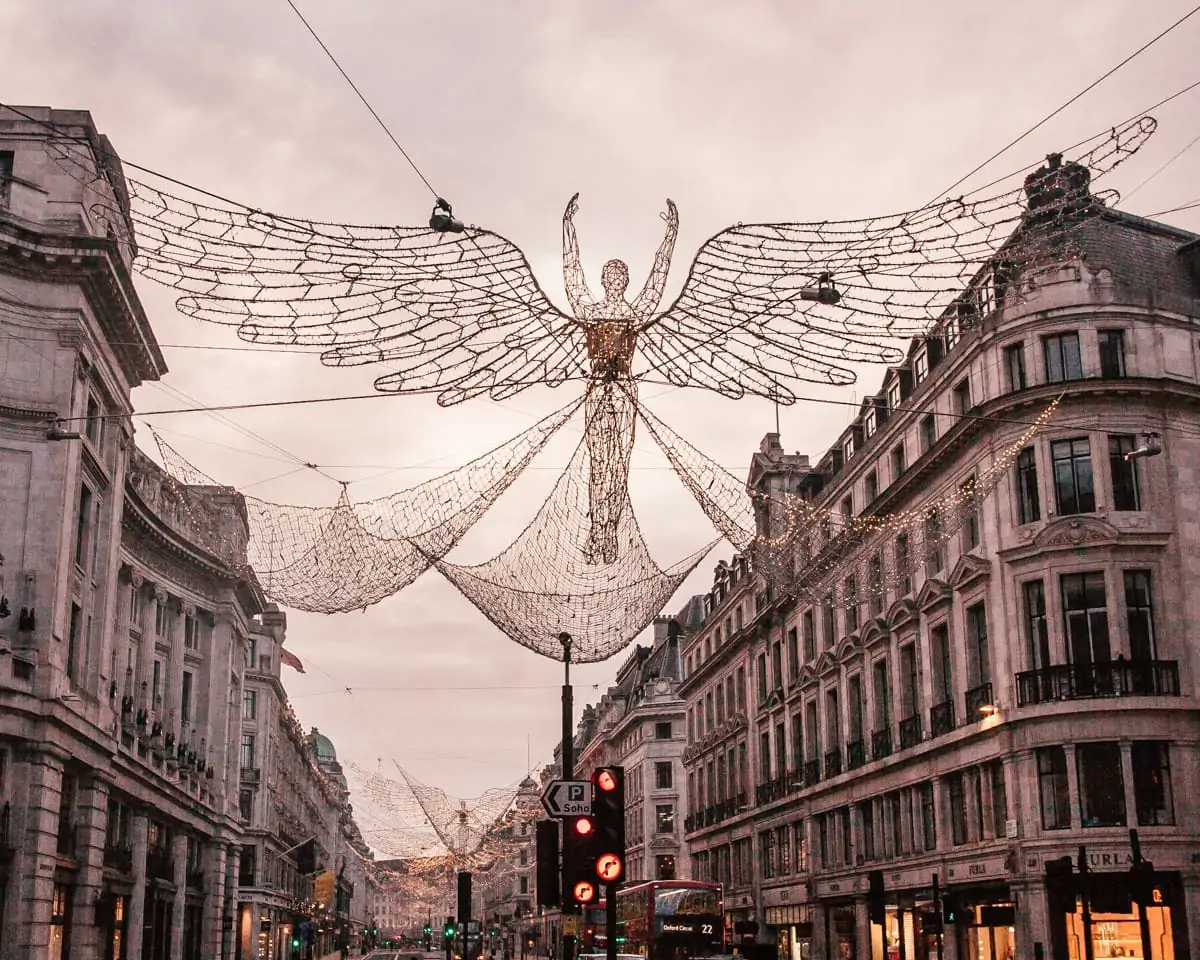 Regent Street Spirit of Christmas angels spanning the street, one of the best Christmas lights in London