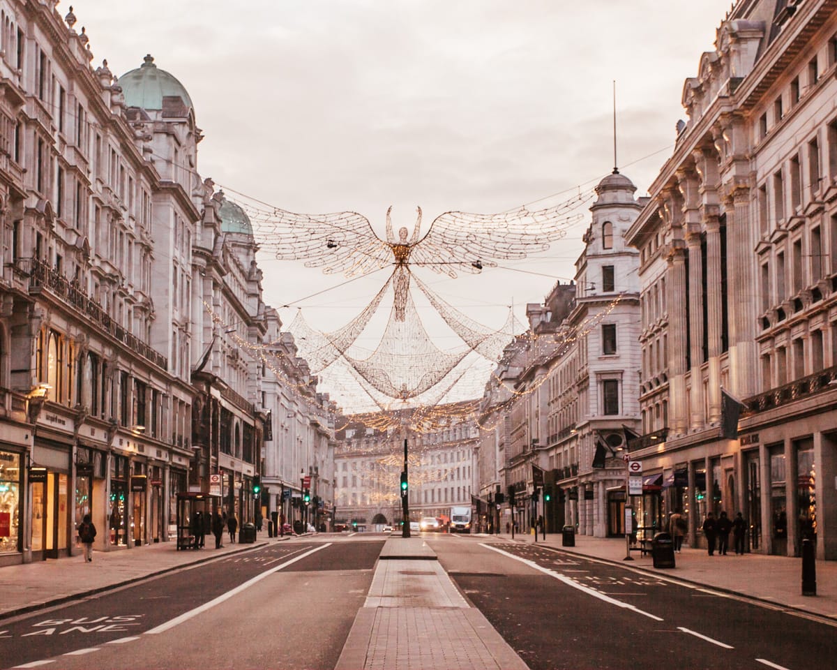 Regent Street London Christmas Lights. Click here for a guide to all the best Christmas lights in London for a perfect Christmas in London including a free map! If you plan to spend Christmas in London, you don't want to miss the best things to do in London at Christmas. | London Christmas | London at Christmas time | London in winter | winter in London | best London Christmas lights | things to do in London in winter | things to do in london christmas | what to do in london at christmas