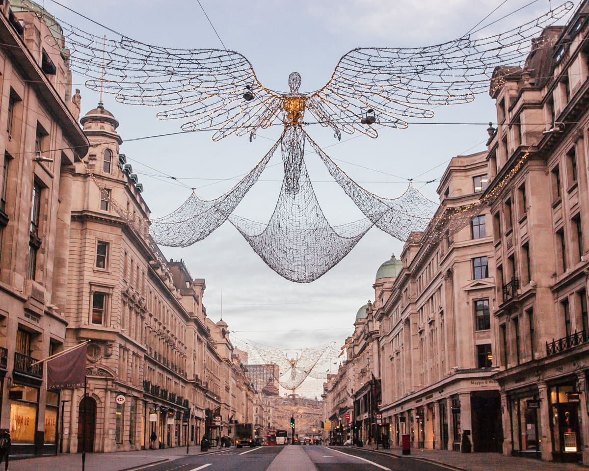 Angels hang across Regent Street at Christmas as part of the Spirit of Christmas display in London