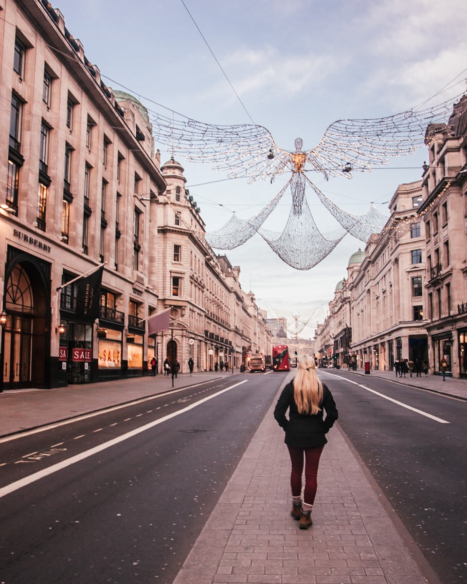 Regent Street London Christmas Lights. Click here for a guide to all the best Christmas lights in London for a perfect Christmas in London including a free map! If you plan to spend Christmas in London, you don't want to miss the best things to do in London at Christmas. | London Christmas | London at Christmas time | London in winter | winter in London | best London Christmas lights | things to do in London in winter | things to do in london christmas | what to do in london at christmas