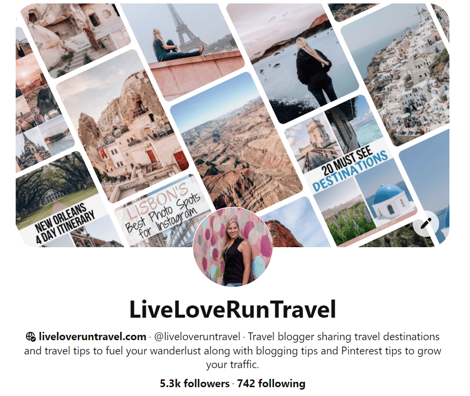 Pinterest bio for Live Love Run Travel