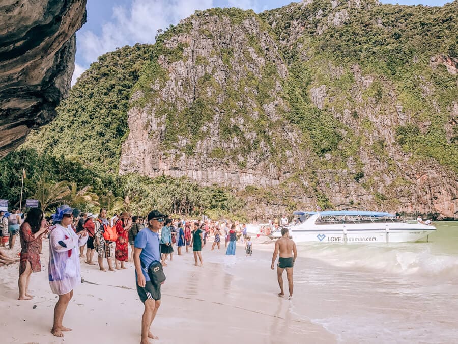 The crowds on the beach at Maya Bay in Thailand