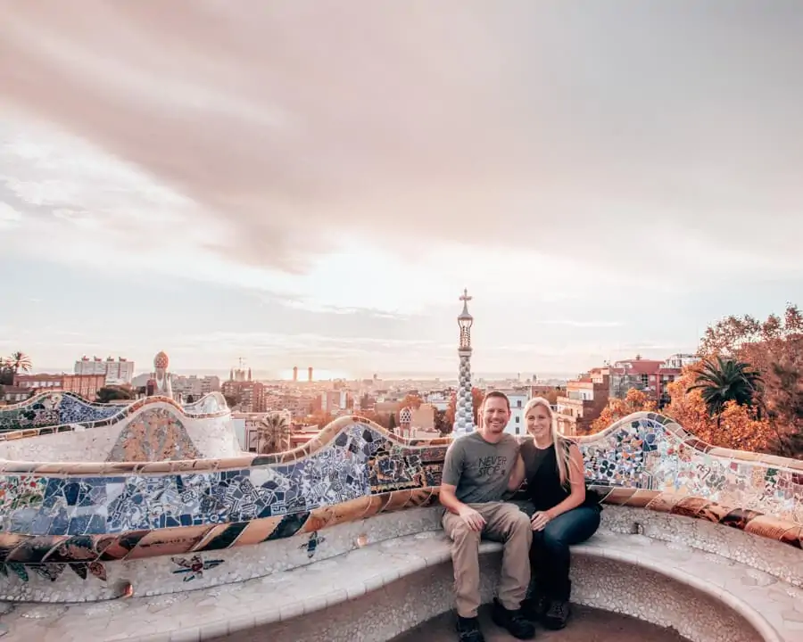 A couple in the Greek Theater at Park Guell at sunrise