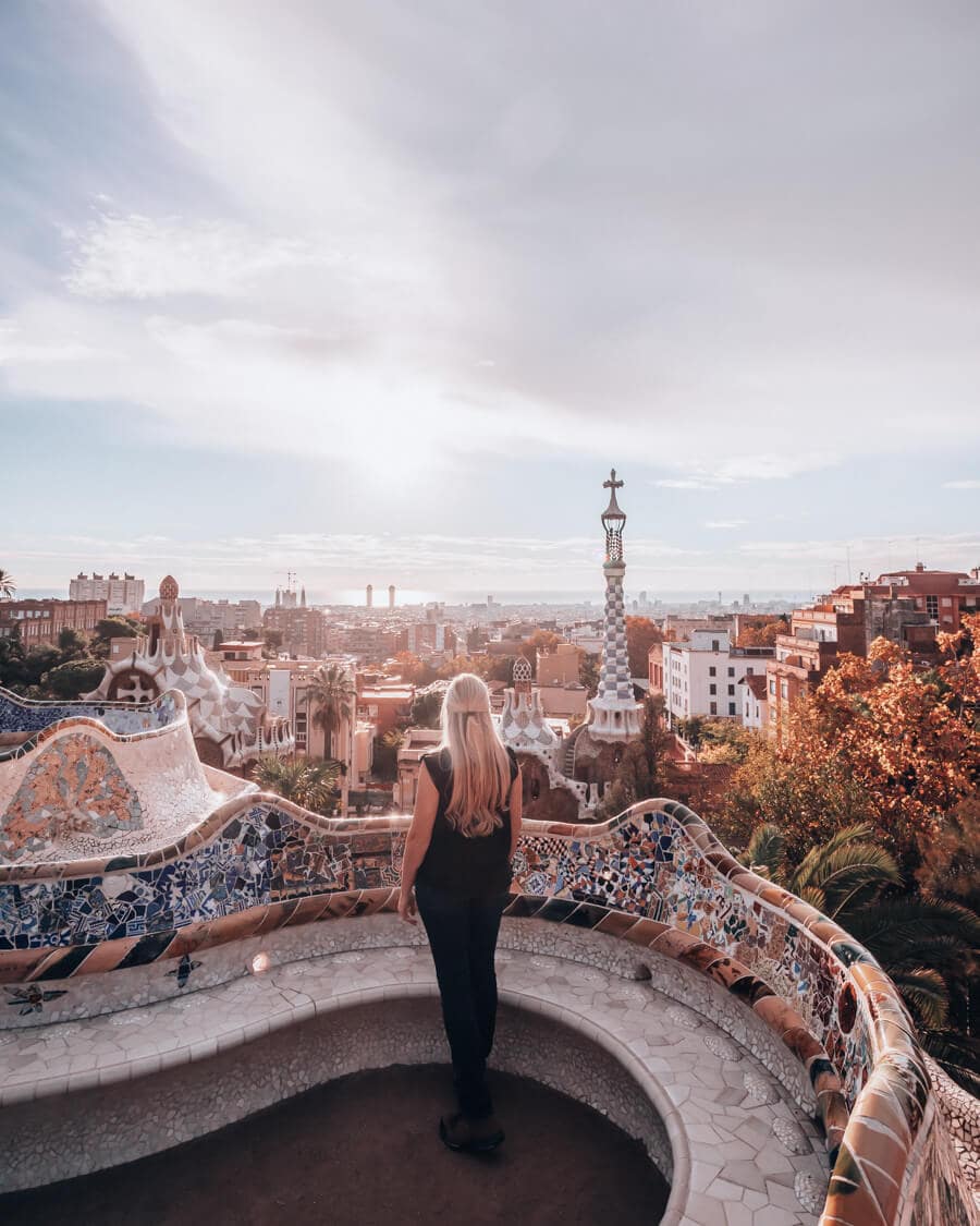 Sunrise at Park Guell in the Greek Theater looking out over Barcelona