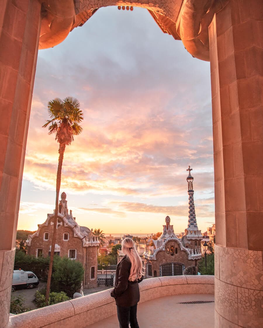 Sunrise view from the Hypostyle in Park Guell. Free entry is available before and after the park closes.