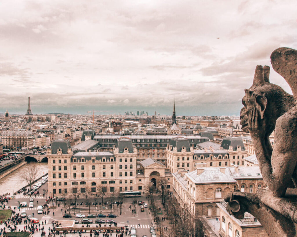 view from the top of notre dame with gargoyles and the eiffel tower