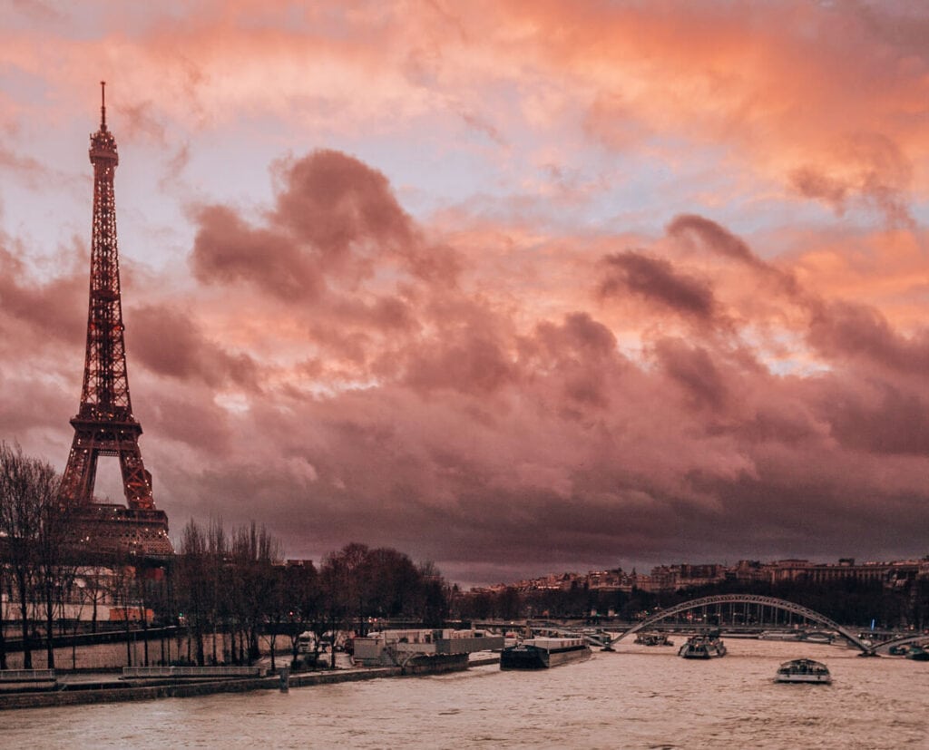 Eiffel Tower sunset over Seine River