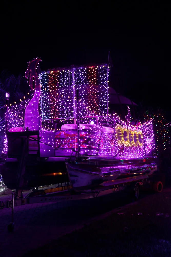 A boat ready for a lighted boat parade for Christmas in Orlando