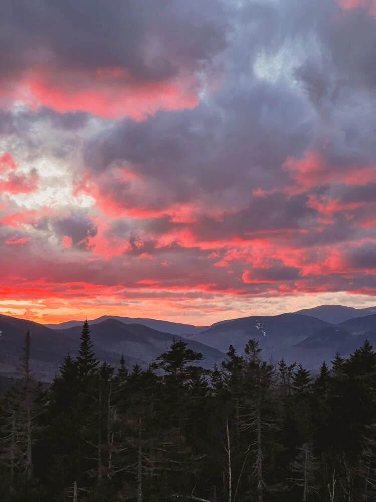 Kancamagus Highway sunset in winter in New Hampshire