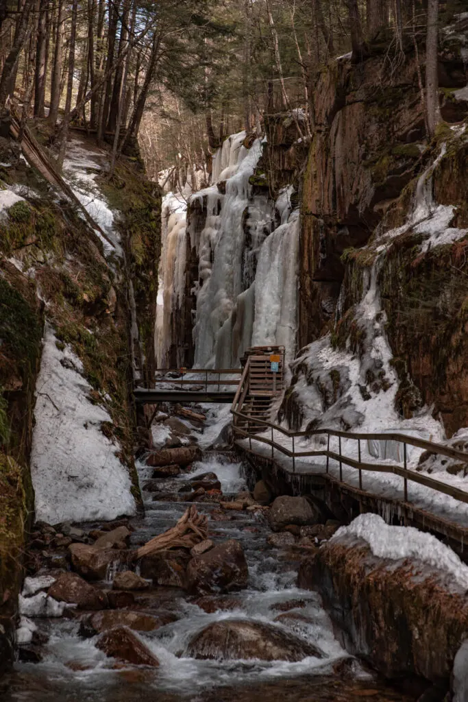 flume gorge in winter with frozen waterfall