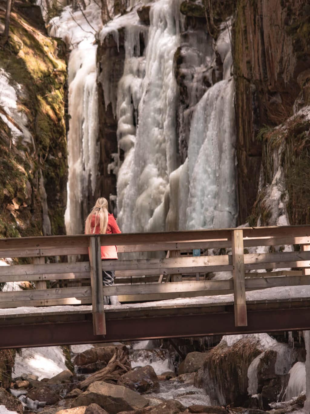 woman looking at flume gorge in winter