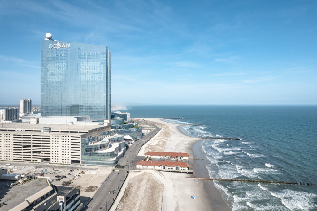 Aerial photo of Ocean Casino Atlantic City and the Atlantic City beach