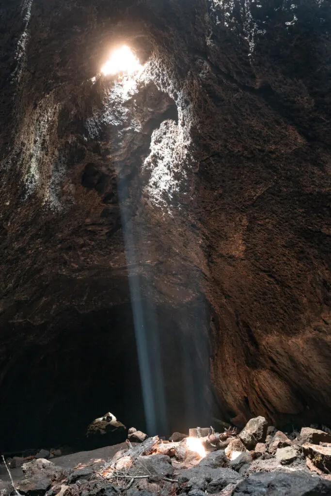 wide ray of light in skylight cave lava tube