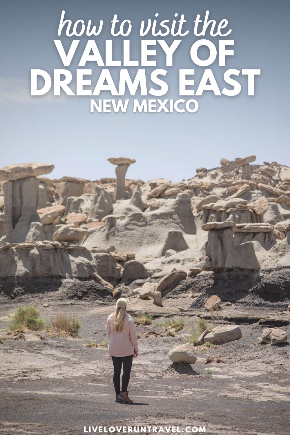 how to visit the valley of dreams east new mexico pin with photo of woman in valley of dreams east nm